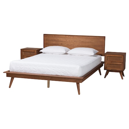 Baxton Studio Melora Mid-Century Modern Walnut Brown Finished Wood and Rattan Full Size 3-Piece Bedroom Set 241-9800-9801-11298-ZORO